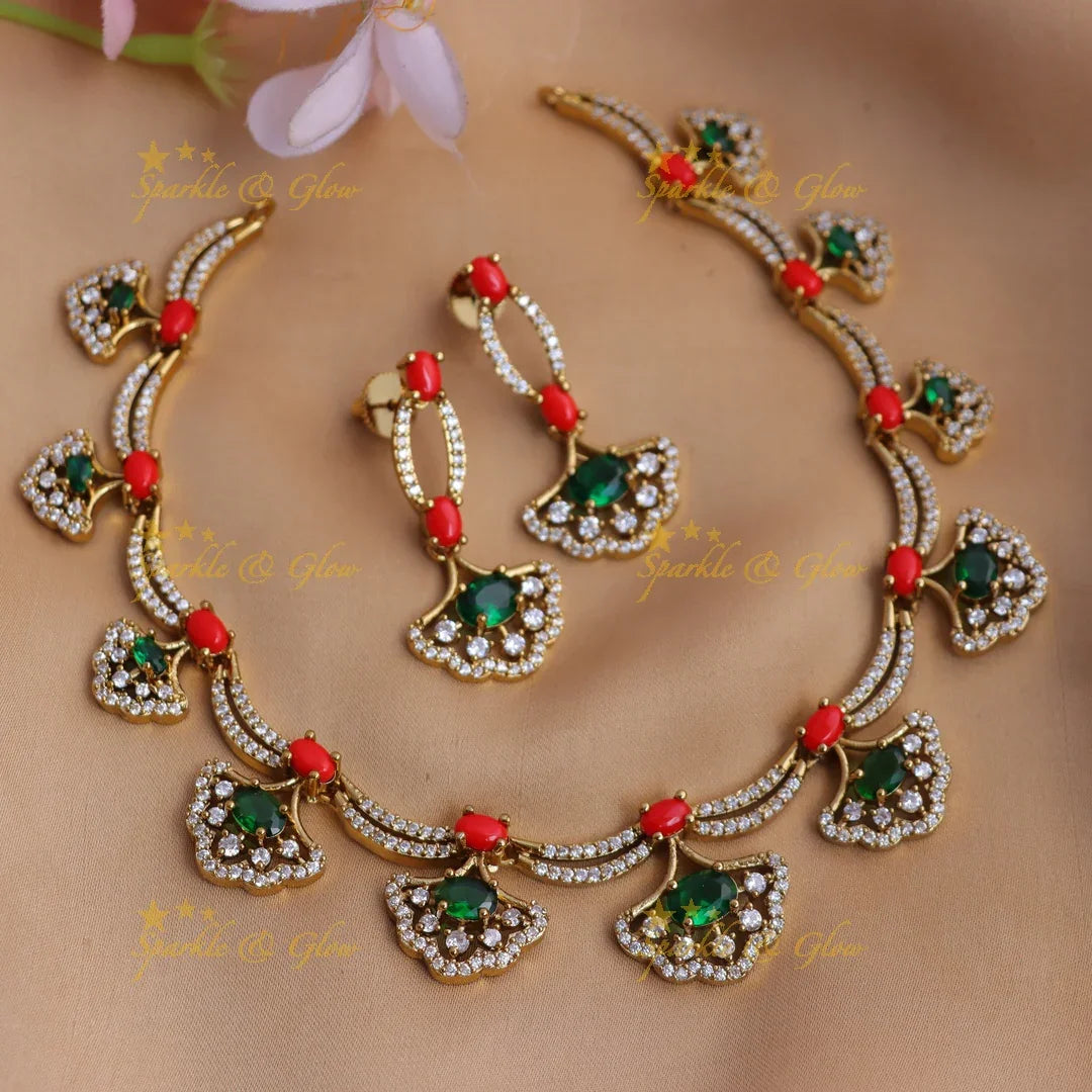 Elegant CZ Stone Floral Short necklace with Green and Coral Accents - Sparkle and Glow