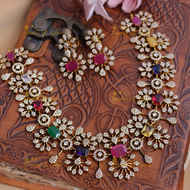 Gracious Floral Navarathna Short necklace with AD stones - Sparkle and Glow
