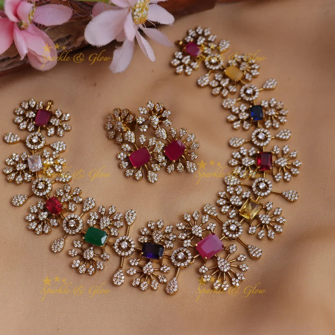 Gracious Floral Navarathna Short necklace with AD stones - Sparkle and Glow