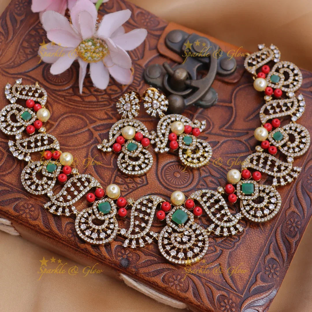 Stunning Floral American diamond Short necklace with Coral and Emerald stones - Sparkle and Glow