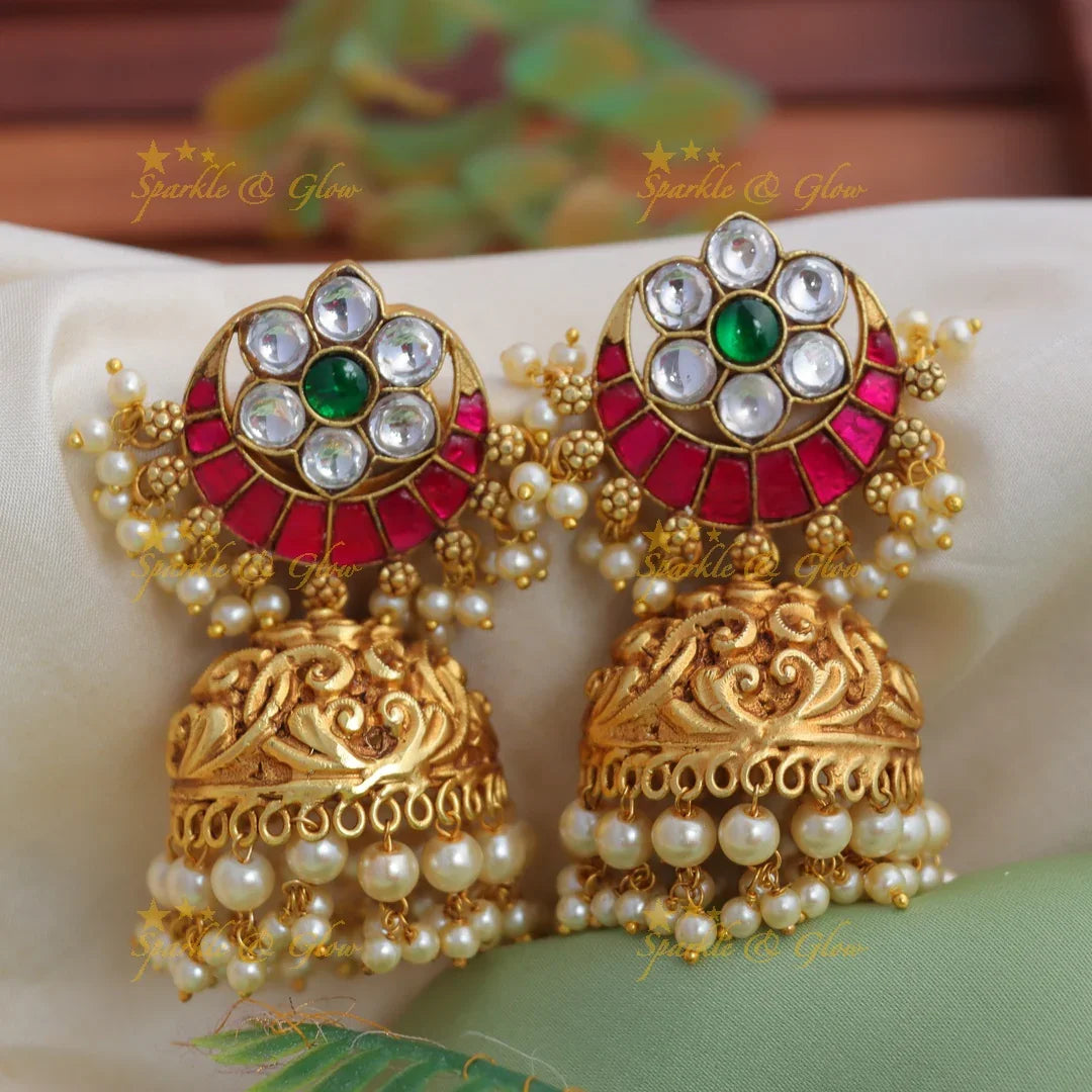 Elegant Jadau Kundan half moon Floral Jhumka Earrings with Pearl Detailing - Sparkle and Glow