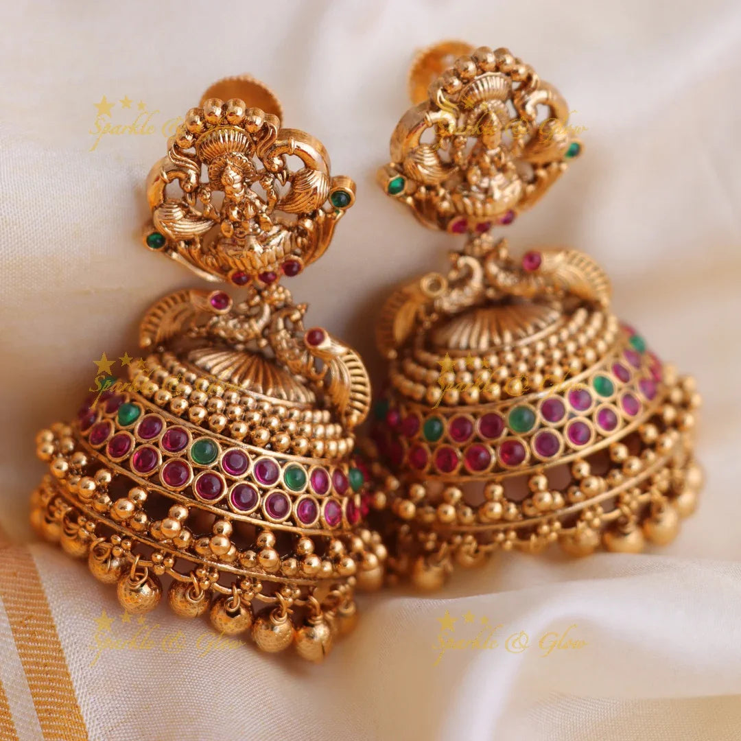 Stunning Kemp Lakshmi Peacock carved bridal Jhumka with gold bead drops - Sparkle and Glow