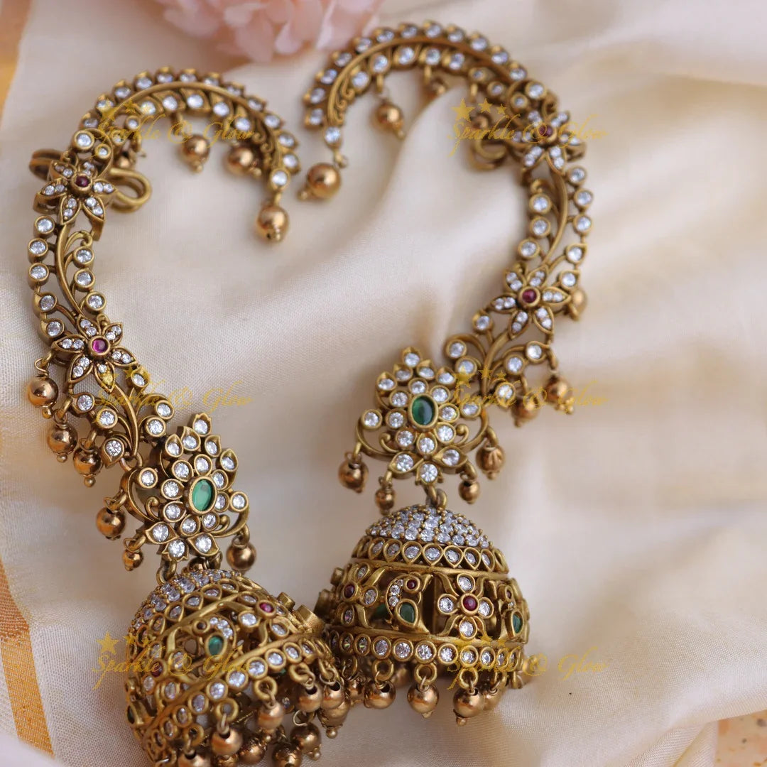 Stunning Antique gold alike Peacock Floral Bridal Earrings with gold beads drop - Sparkle and Glow