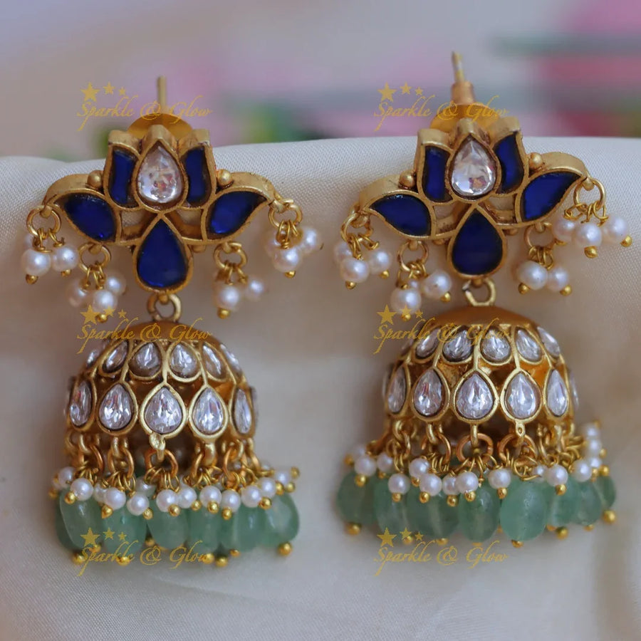 Grand Jadau Kundan Lotus Floral Jhumka with Green beads - Sparkle and Glow