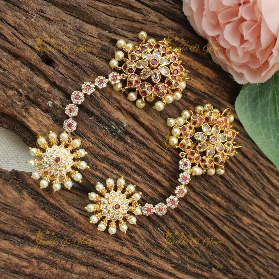 Traditional Jadau Kundan Double-Side Ear Chain Earrings with Pearl Embellishments - Sparkle and Glow