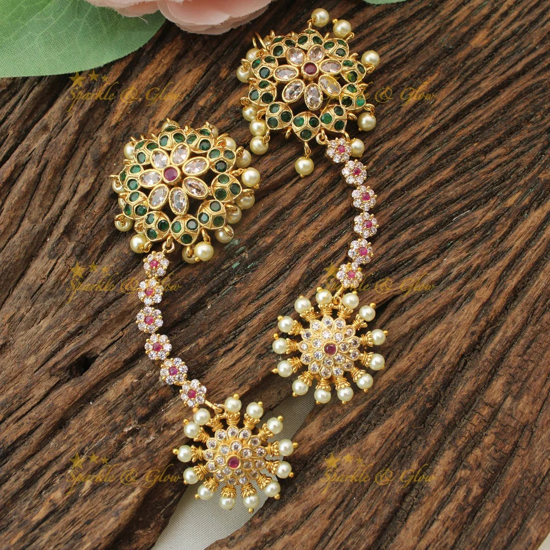 Traditional Jadau Kundan Double-Side Ear Chain Earrings with Pearl Embellishments - Sparkle and Glow