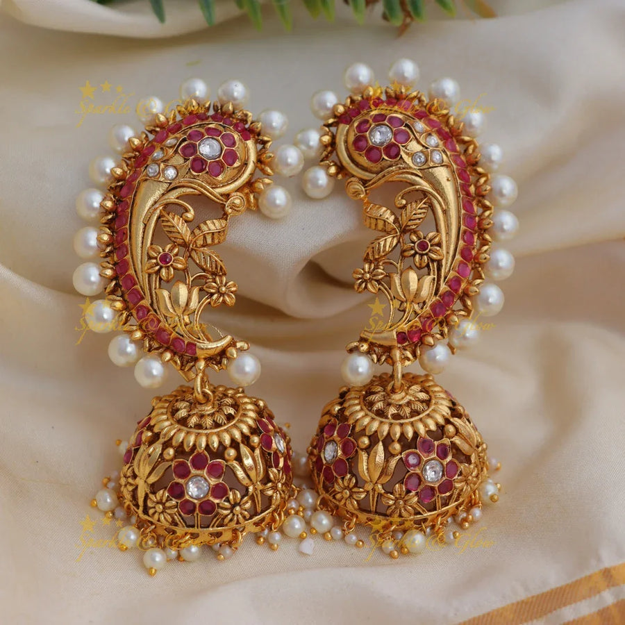 Grand Kemp Peacock Floral Ear cuff with Pearls - Sparkle and Glow