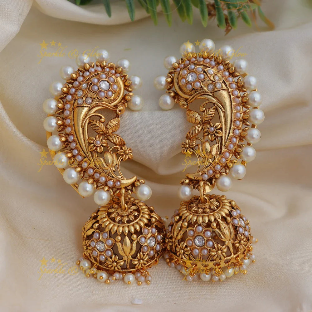 Grand Kemp Peacock Floral Ear cuff with Pearls - Sparkle and Glow