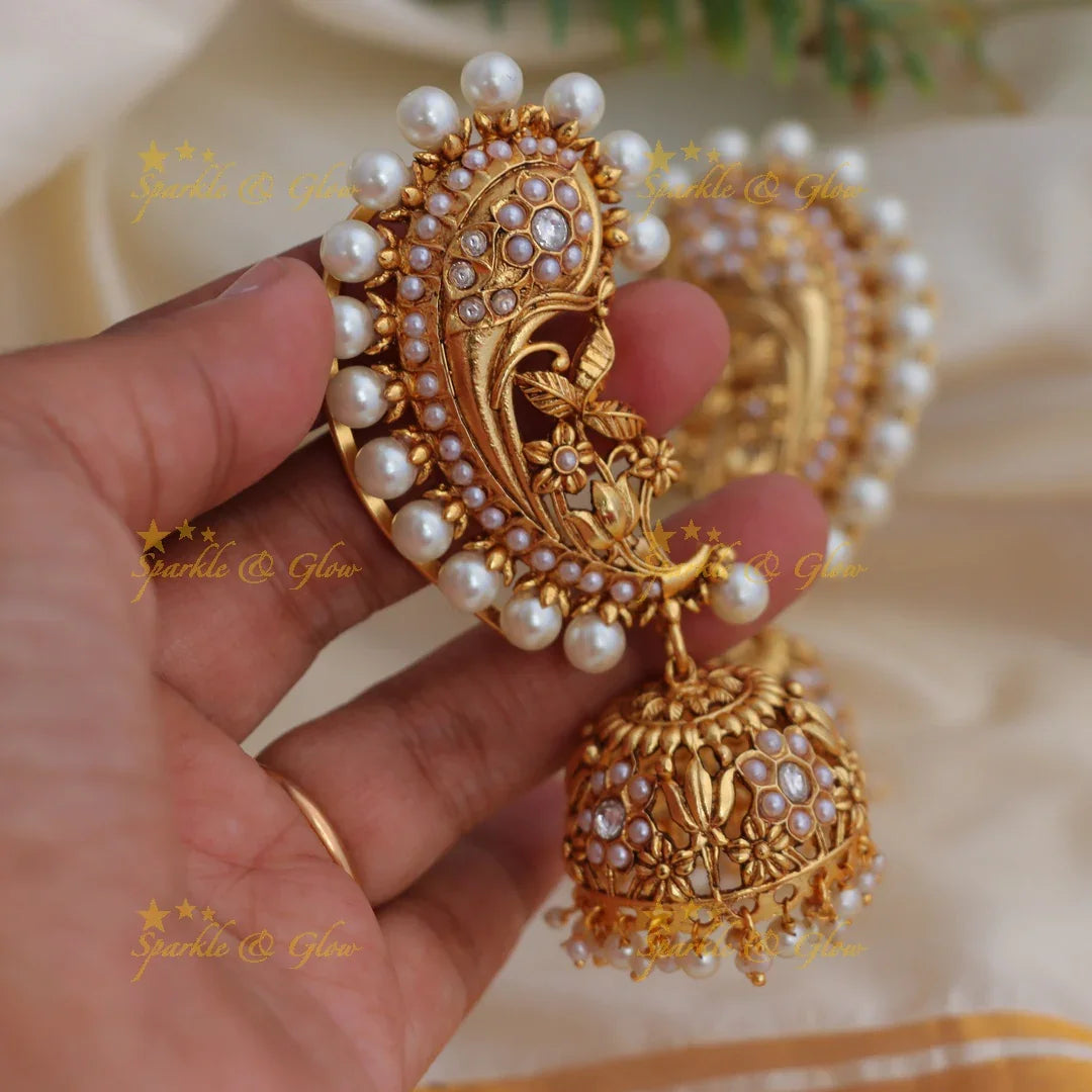 Grand Kemp Peacock Floral Ear cuff with Pearls - Sparkle and Glow