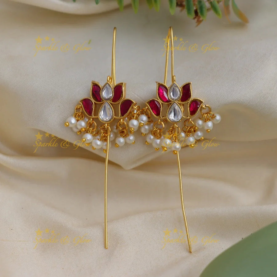 Premium quality Jadau Kundan Lotus Floral Needle Ear cuff Earrings - Sparkle and Glow