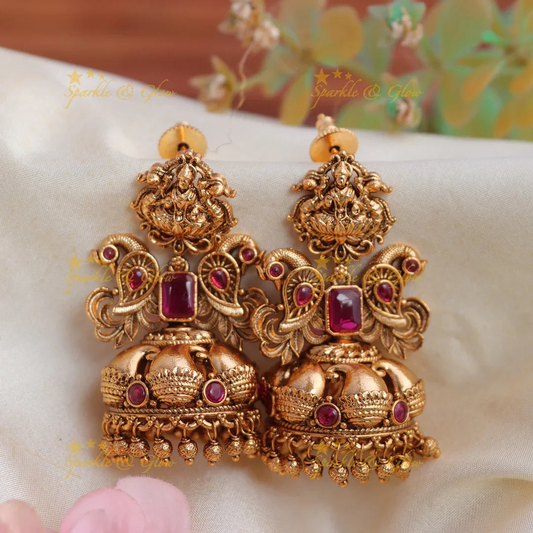 Antique Gold alike Lakshmi Floral Jhumka Earrings with Ruby Stones - Sparkle and Glow