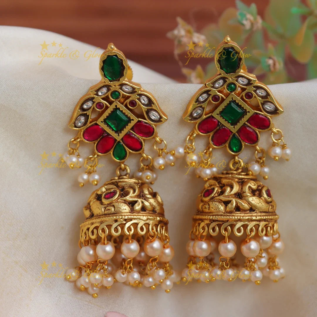 Traditional Jadau Floral Jhumka Earrings with Pearl Drops - Sparkle and Glow
