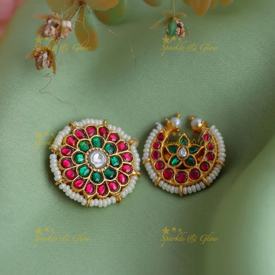 Traditional Jadau Kundan Sun and Moon Jadabilla Hair Accessories with Pearl Border - Sparkle and Glow