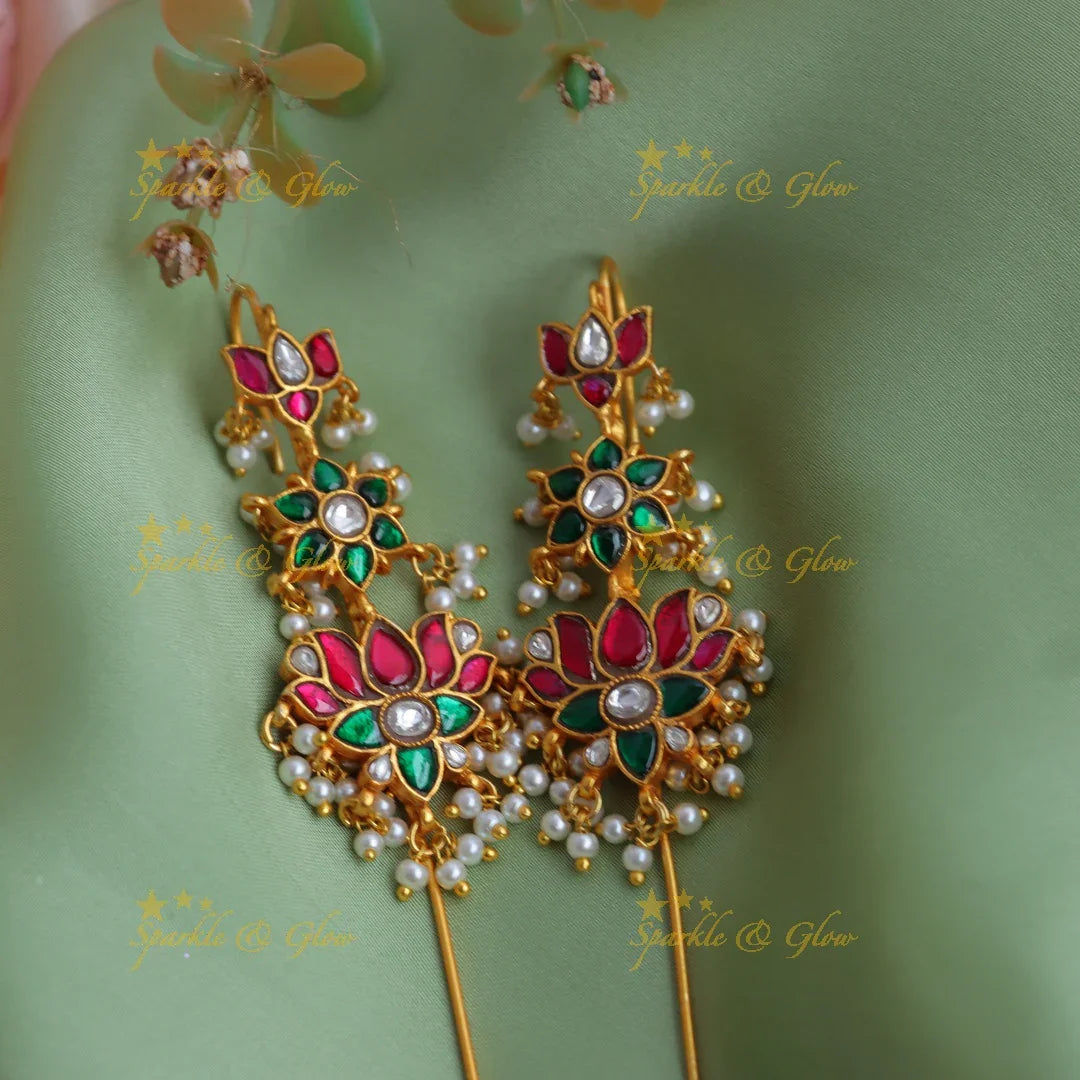 Premium quality Jadau Kundan Lotus Floral Needle Ear cuff Earrings - Sparkle and Glow