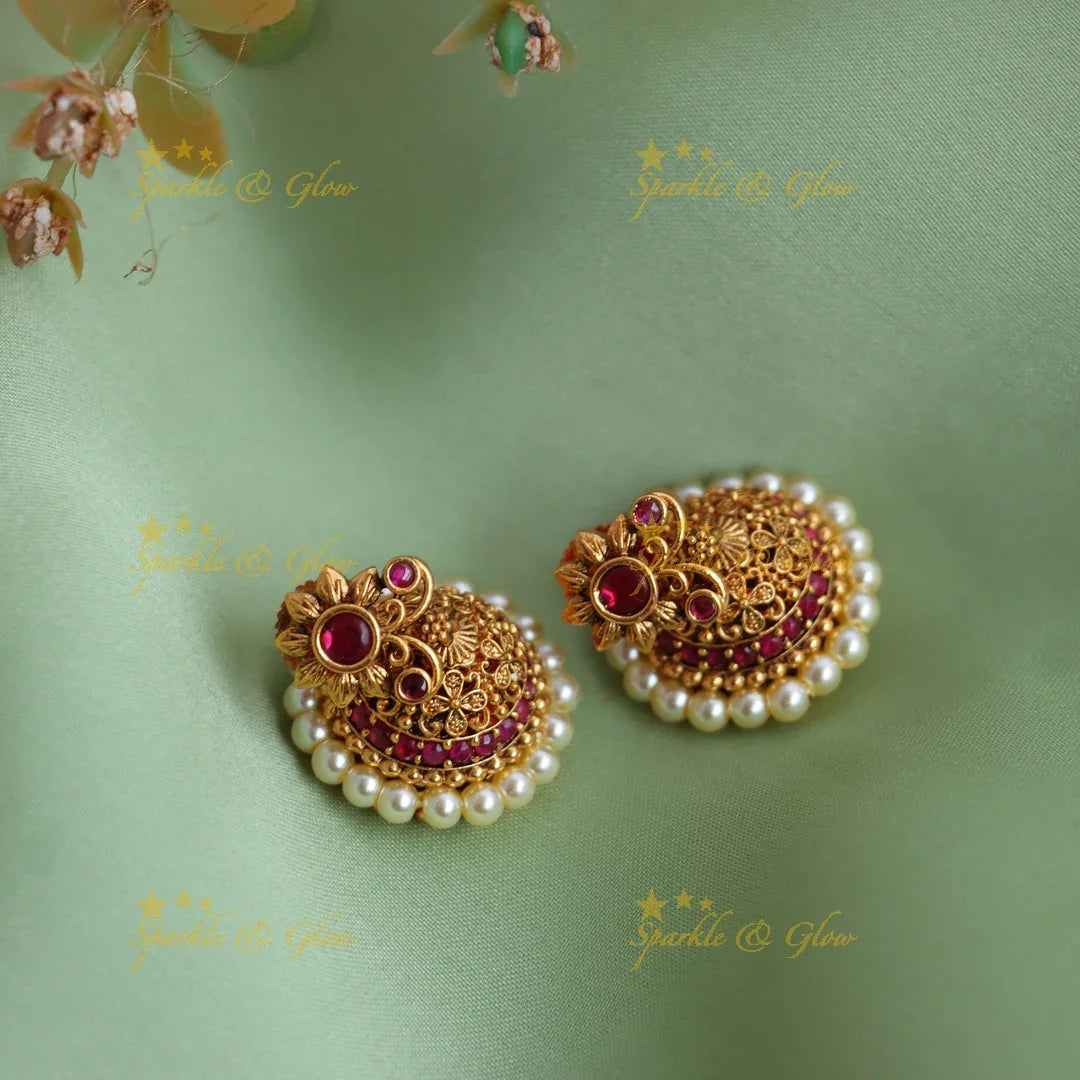 Antique Gold alike Floral Stud Jhumka Earrings with Pearl Border - Sparkle and Glow