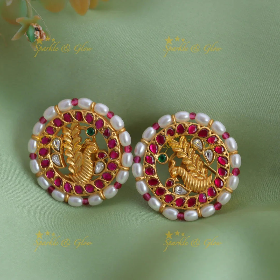 Stunning Gold alike Round Peacock Stud Earrings with Kemp Stones & Pearl Border - Sparkle and Glow