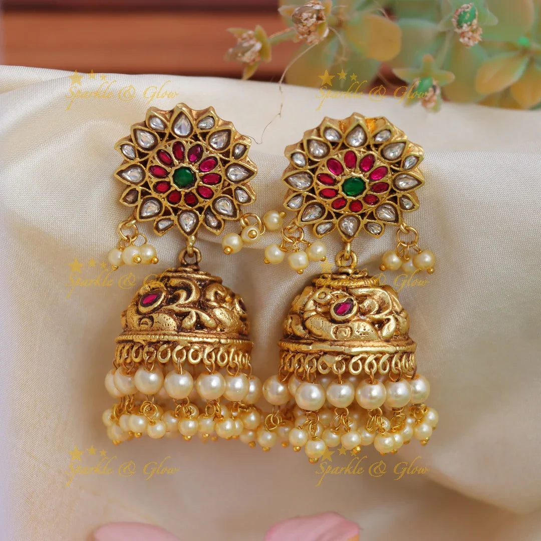 Grand Jadau Kundan Sunflower and Peacock design Jhumka with Pearl drops - Sparkle and Glow
