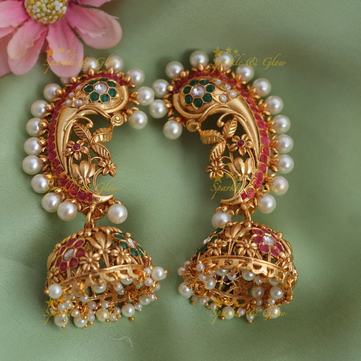 Grand Kemp Peacock Floral Ear cuff with Pearls - Sparkle and Glow