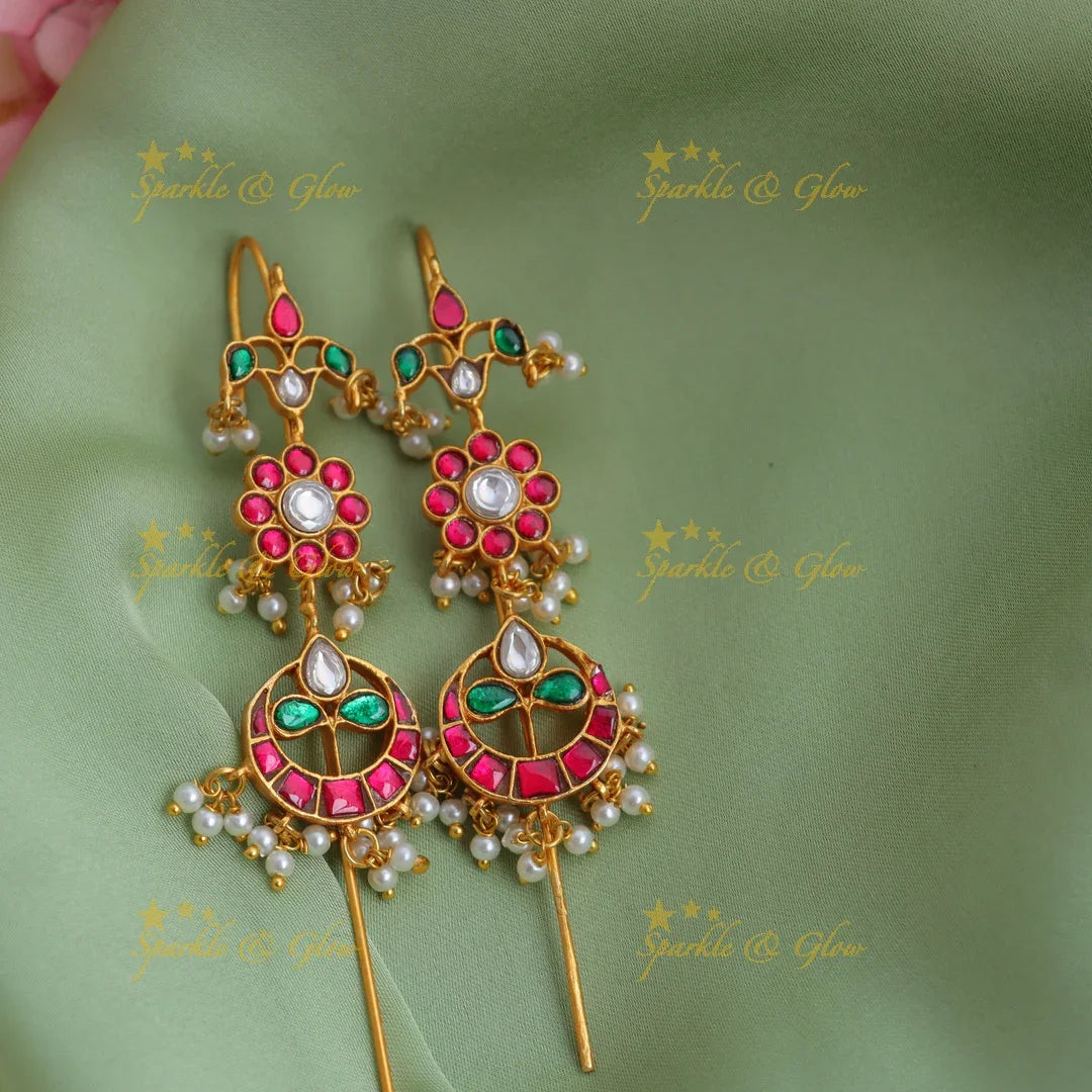 Premium quality Jadau Kundan Half moon Floral design Needle Ear cuff Earrings - Sparkle and Glow