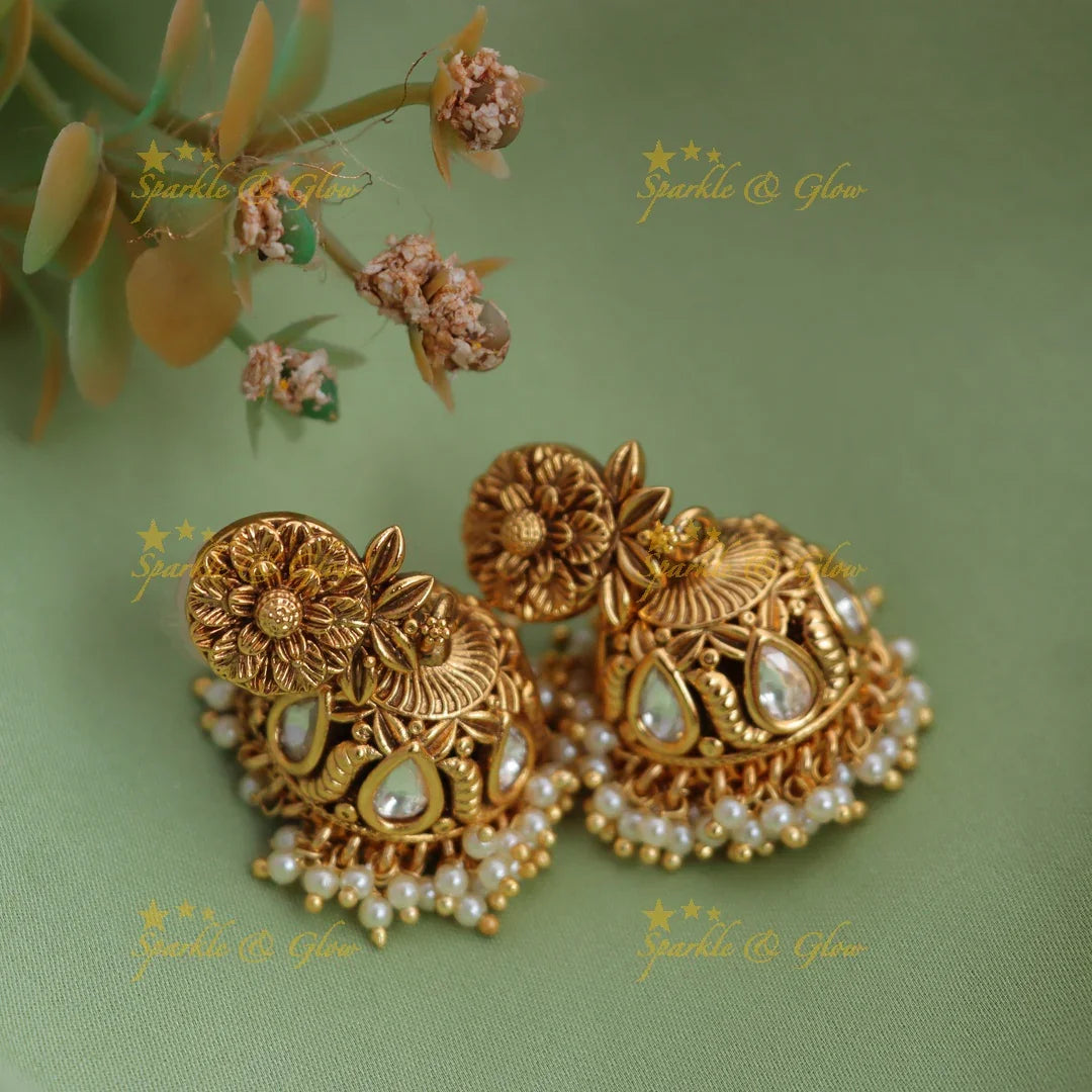 Antique Gold alike Floral Jhumka Earrings with Mirror Stones & Pearl Drops - Sparkle and Glow