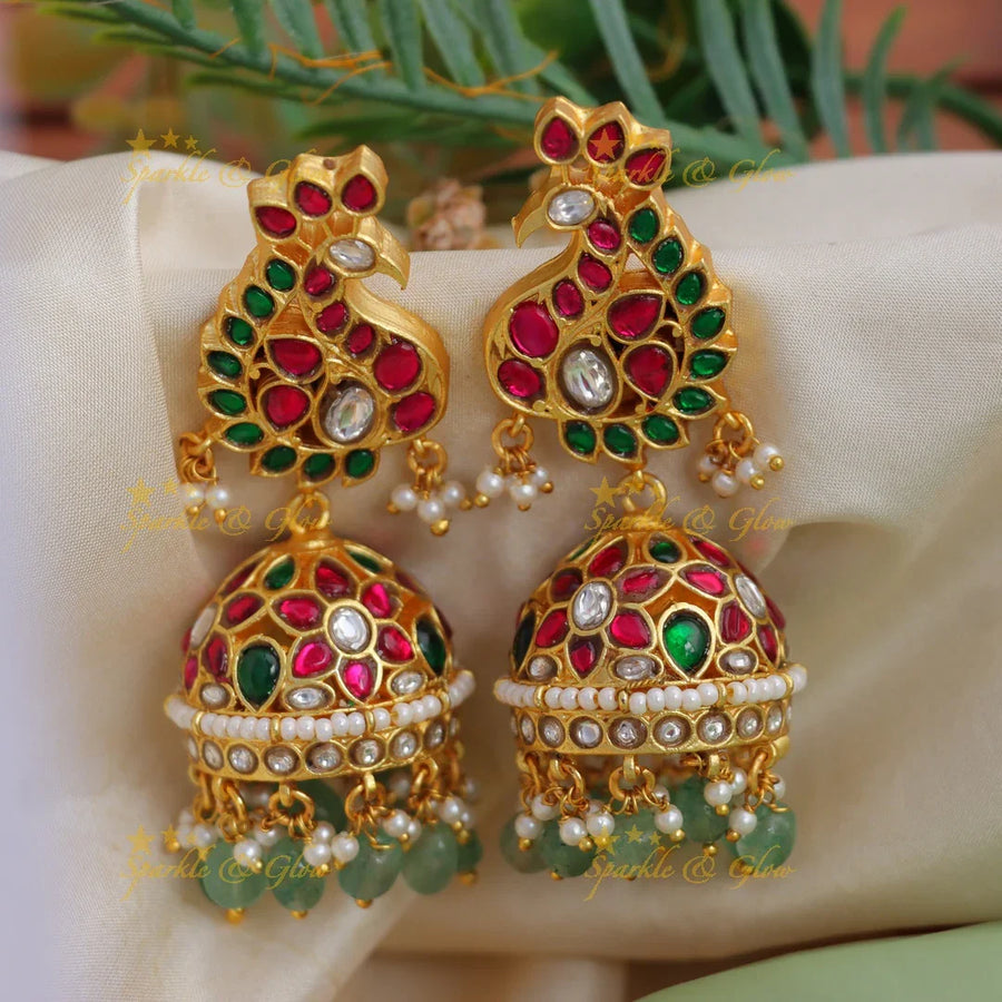 Grand Floral Jadau Kundan Jhumka with Green beads - Sparkle and Glow