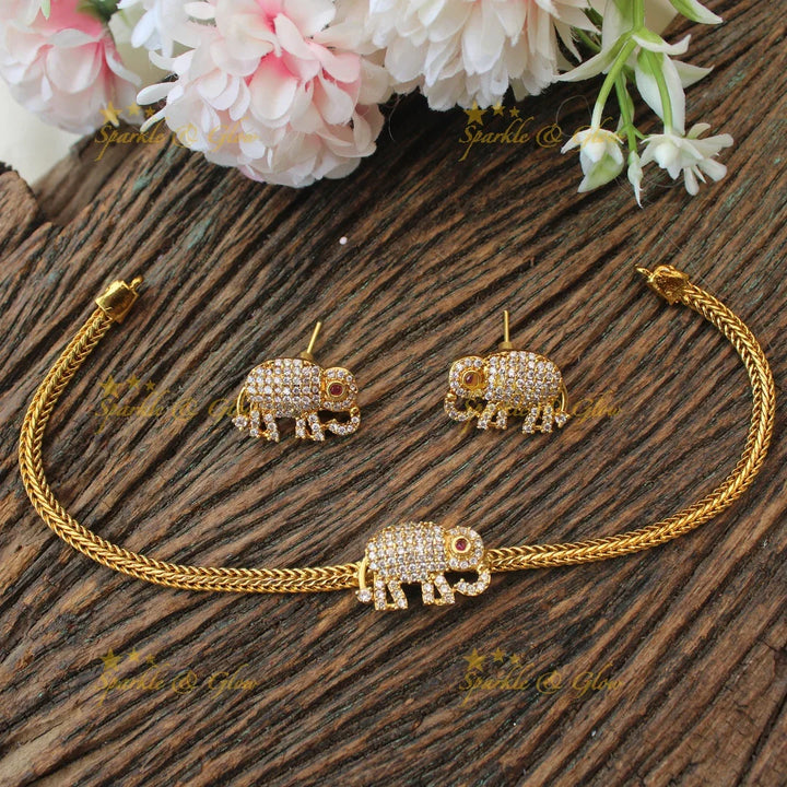 Gold-Like Elephant Motif CZ Necklace Set