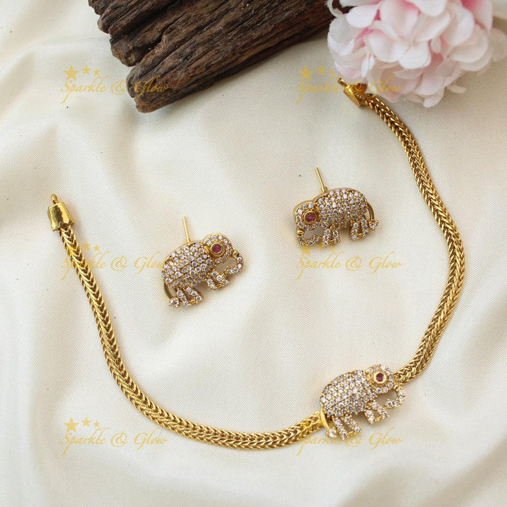 Gold-Like Elephant Motif CZ Necklace Set