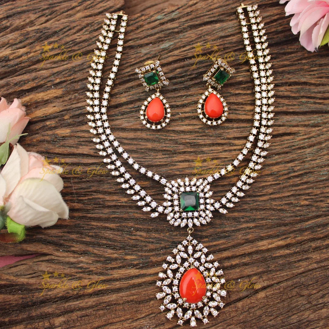 Layered Floral American Diamond Short Necklace