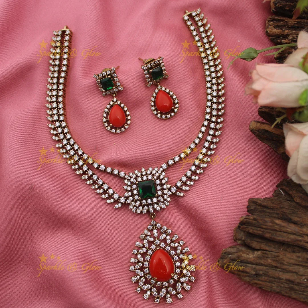 Layered Floral American Diamond Short Necklace