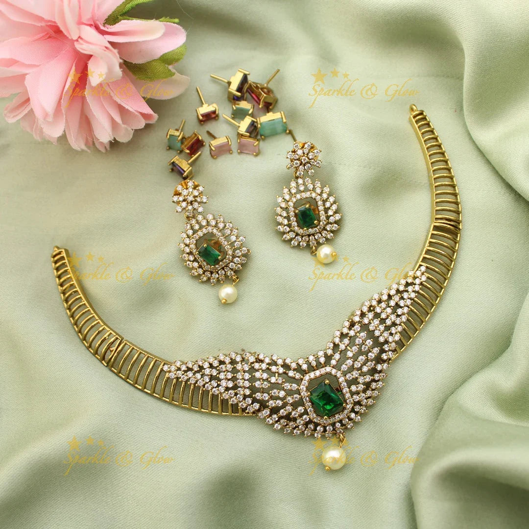 Green Stones & Pearls AD Necklace Set | Feather Design