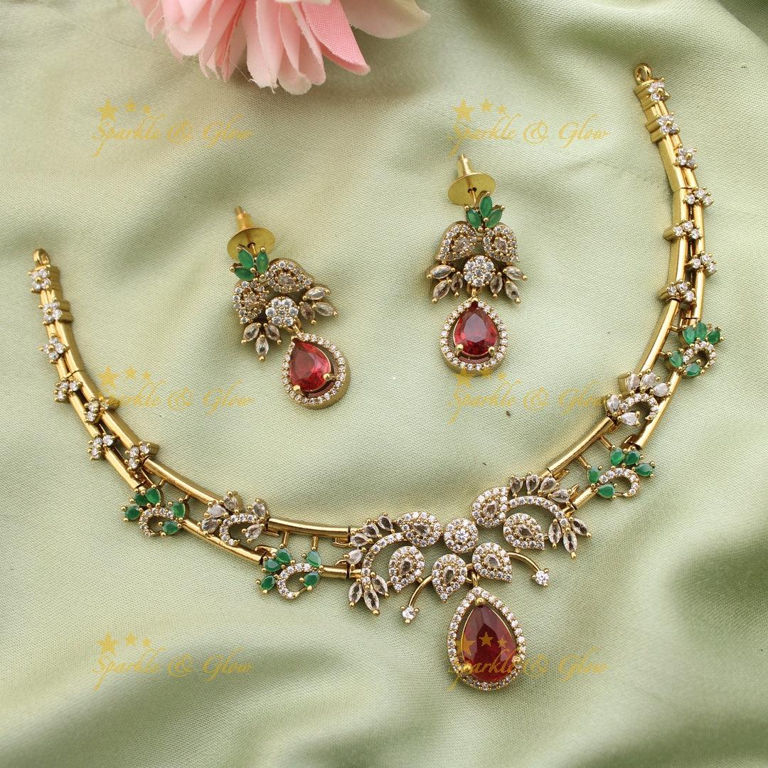 Floral Ruby & Emerald Necklace, American Diamond Style