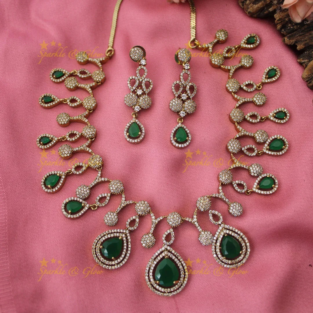 Stunning Big Water drop Floral design American diamond short necklace