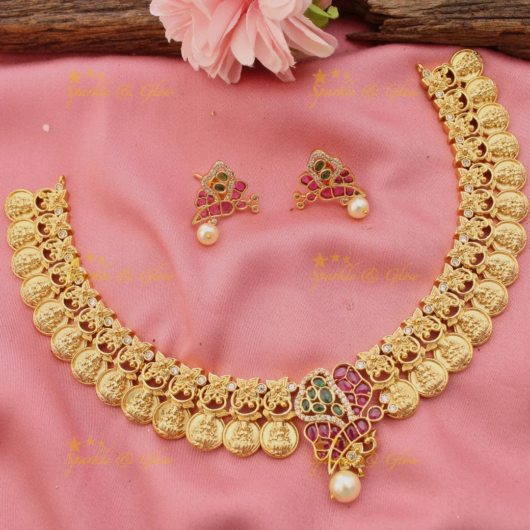 Statement Gold alike Kemp Idol Lakshmi Coin Floral Short necklace