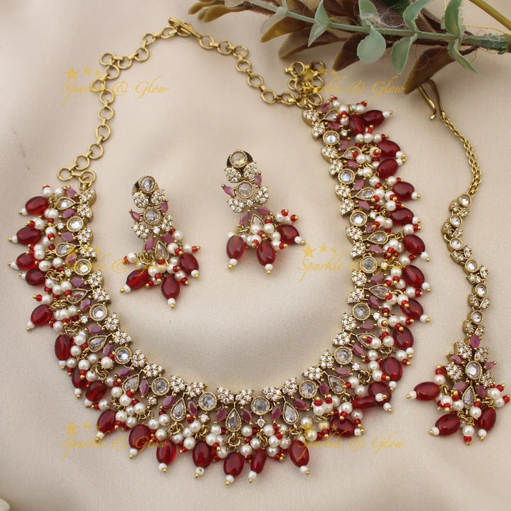 Elegant Kundan Floral Victorian AD Short necklace with Red beads and Maangtikka