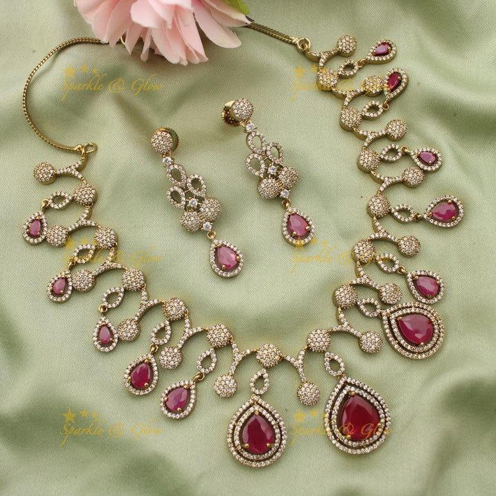 Stunning Big Water drop Floral design American diamond short necklace