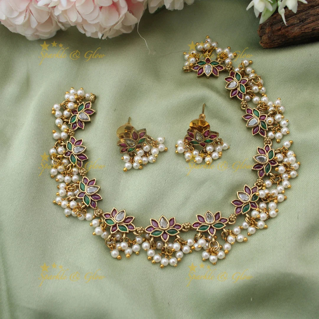 Stunning Gold alike Lotus Floral Guttapusalu short necklace