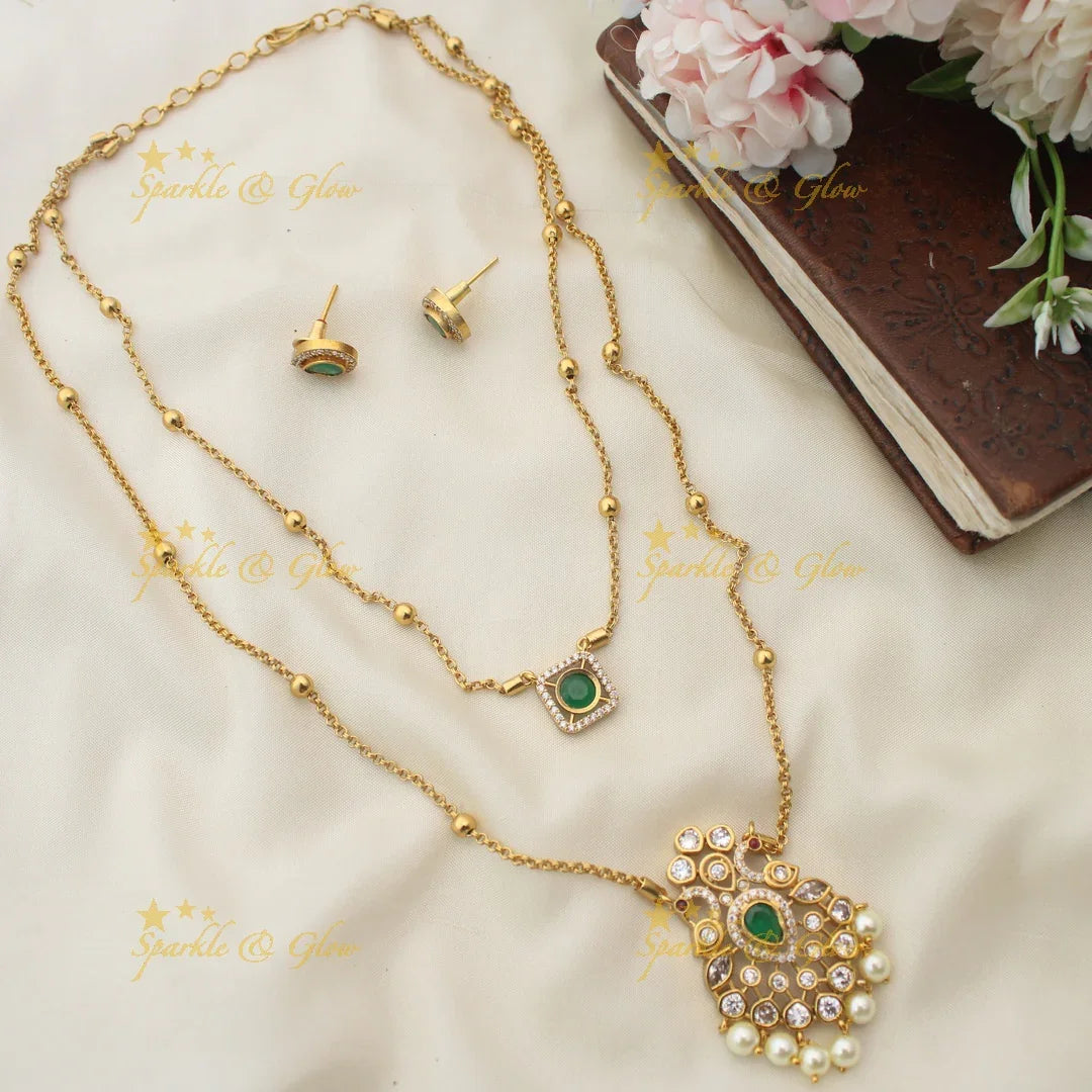 Elegant Dual Layer Gold alike Peacock Floral Short necklace with Pearls