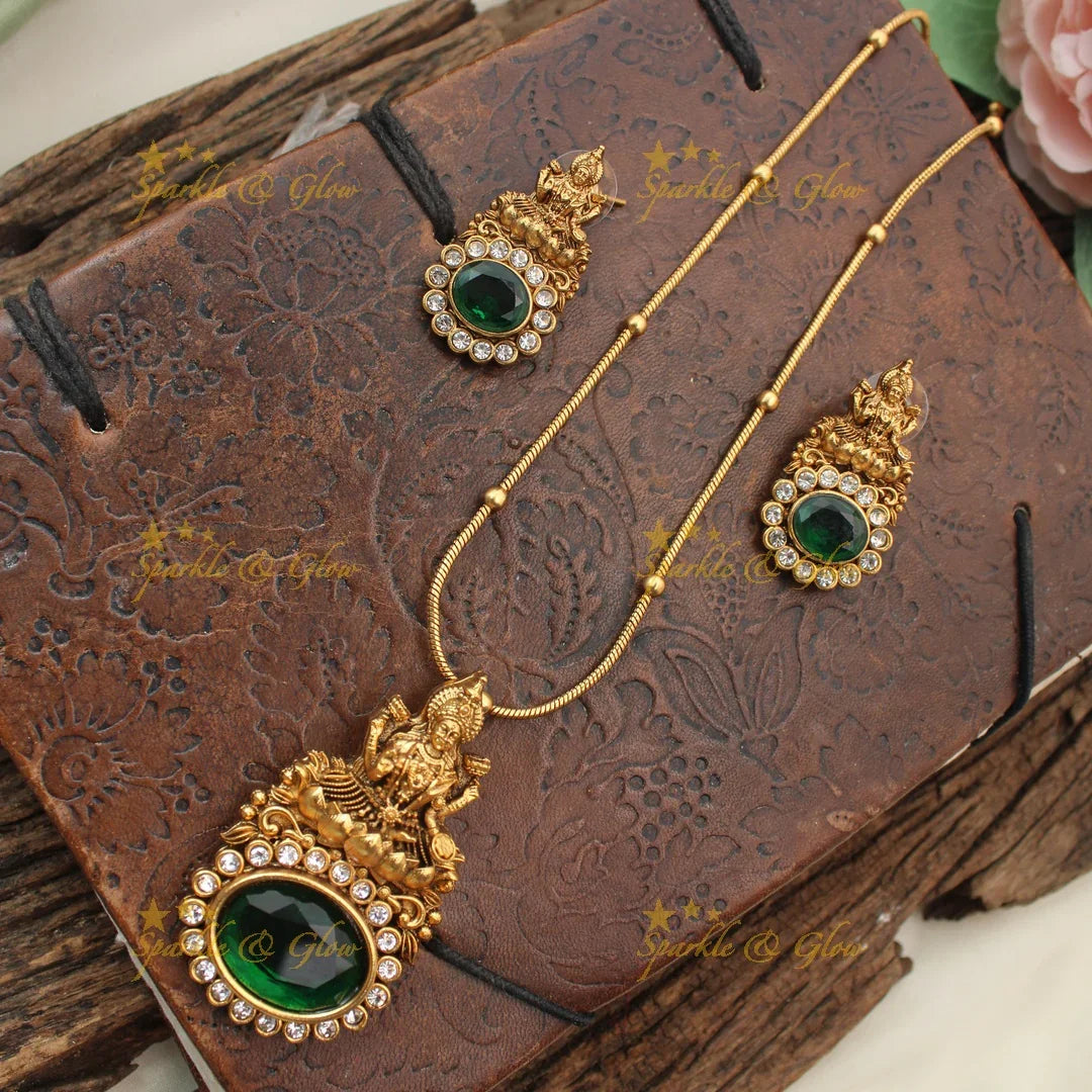 Stunning Idol Lakshmi Emerald stone pendant carved Long Chain