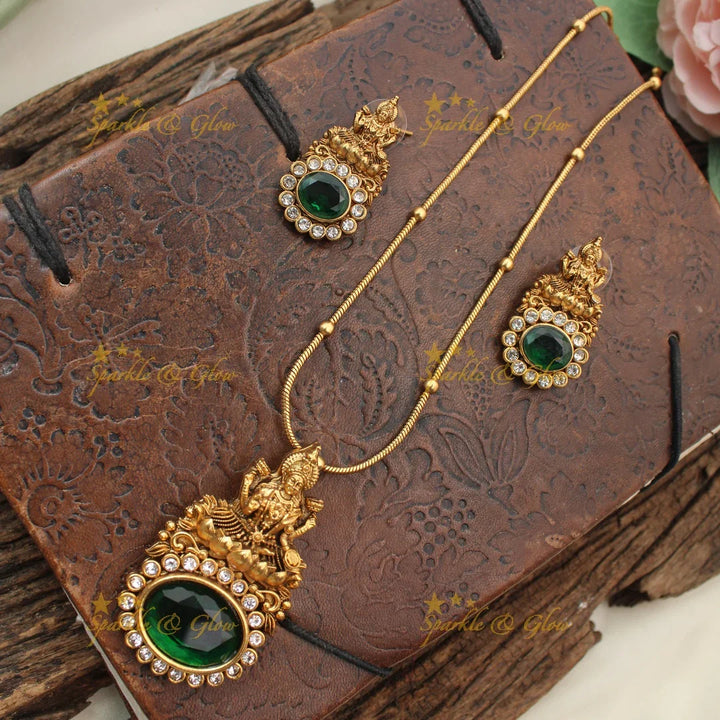 Stunning Idol Lakshmi Emerald stone pendant carved Long Chain