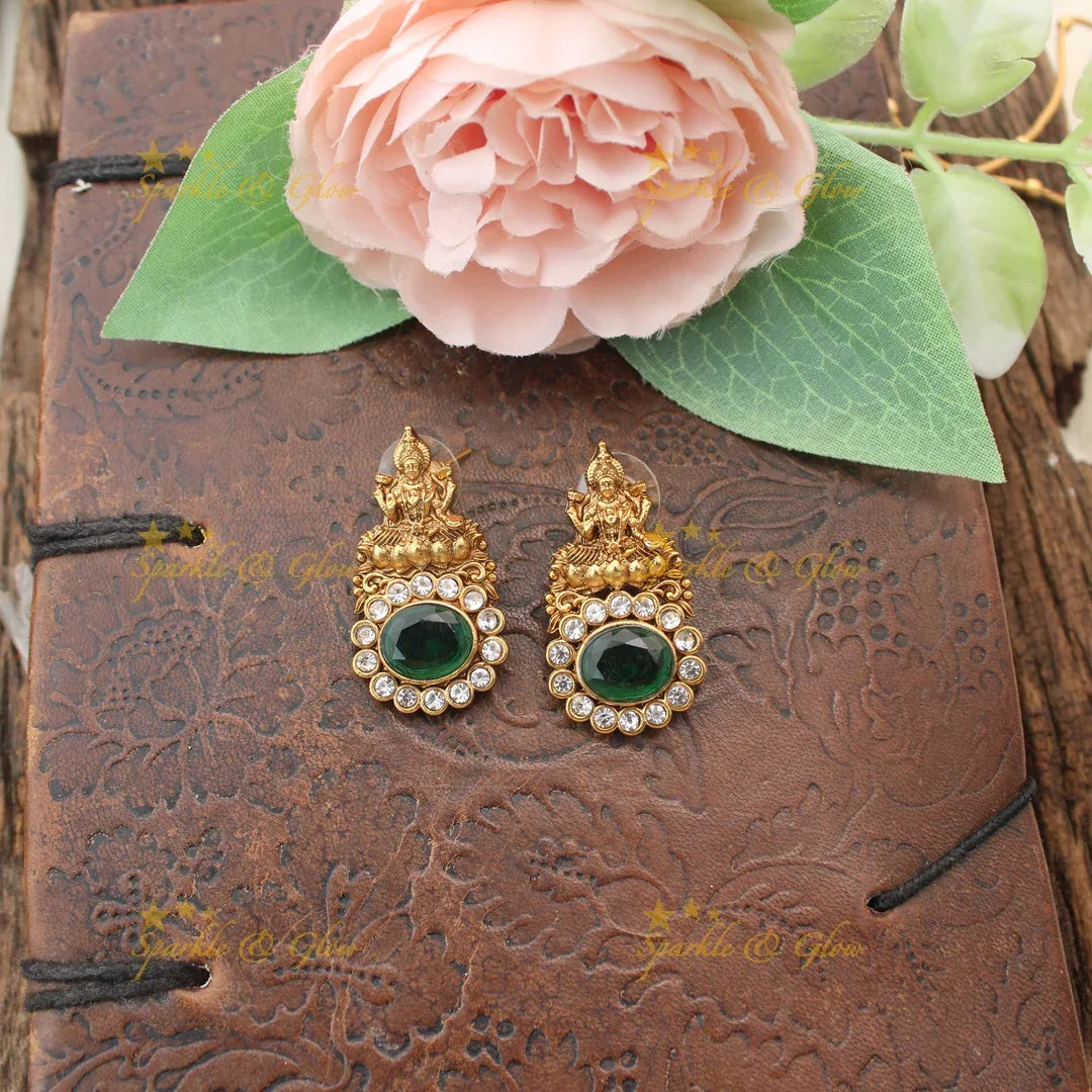 Stunning Idol Lakshmi Emerald stone pendant carved Long Chain