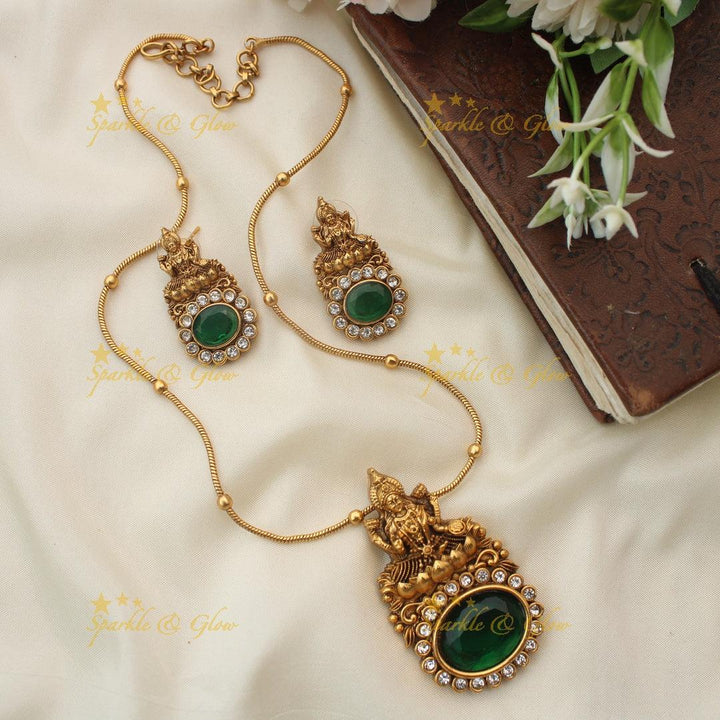Stunning Idol Lakshmi Emerald stone pendant carved Long Chain