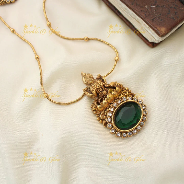 Stunning Idol Lakshmi Emerald stone pendant carved Long Chain