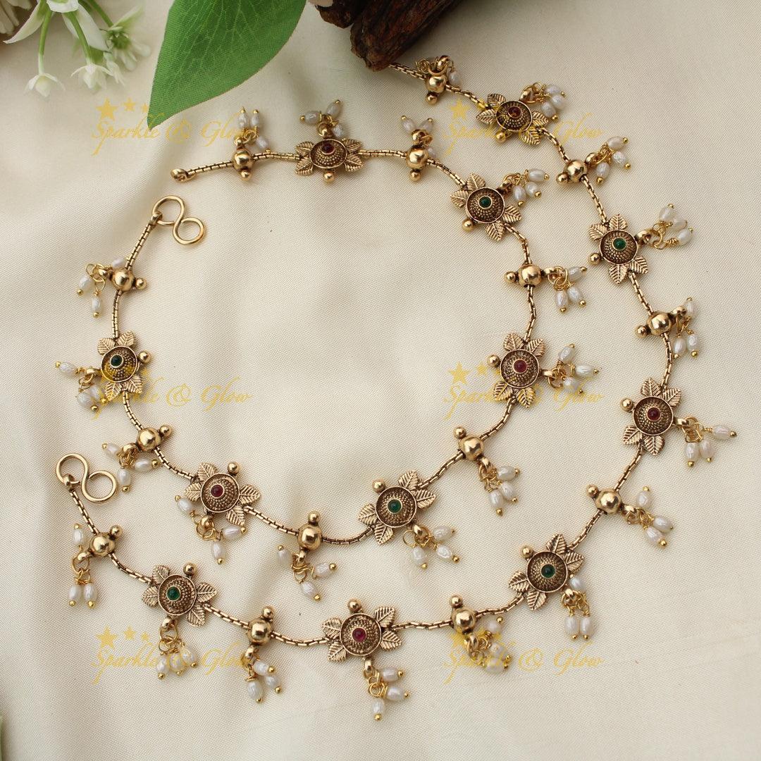 Elegant Antique Gold alike Floral Design Pearl Drop Anklet Set