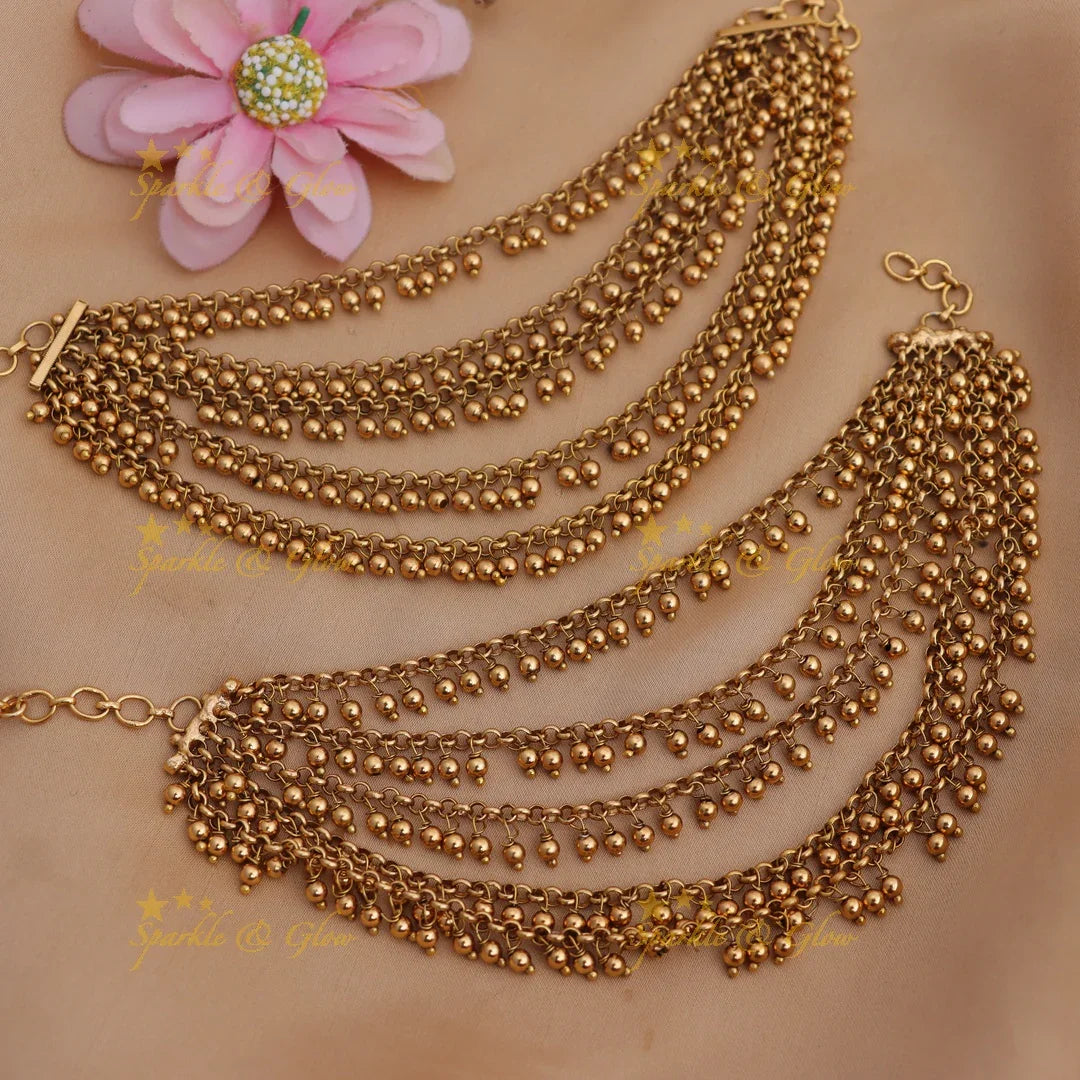 Antique Gold-Like Layered Ear Chains with Beads