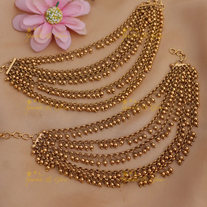 Antique Gold-Like Layered Ear Chains with Beads