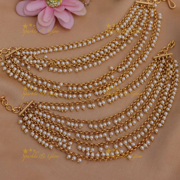 Antique Gold-Like Layered Ear Chains with Beads