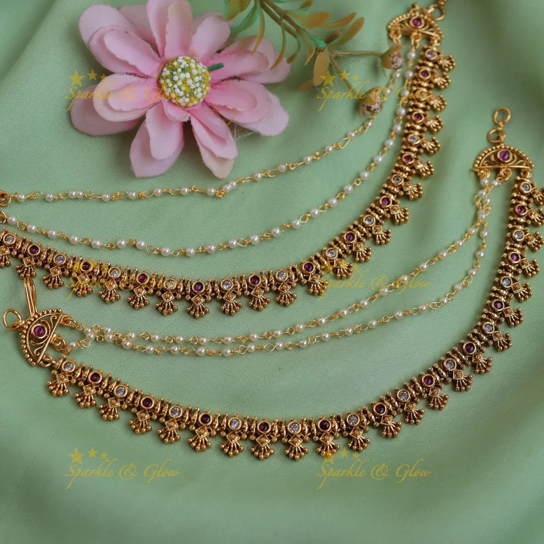 Traditional Ear Chains with Pearls & Multi-Stone Danglers