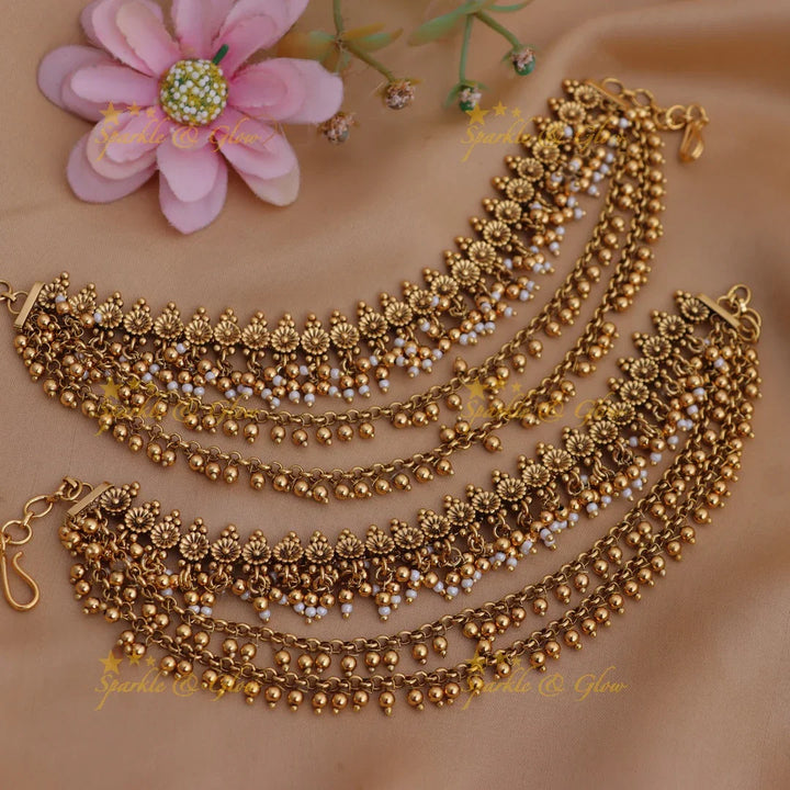 Temple Ear Chains in Antique Gold with Beads & Pearls