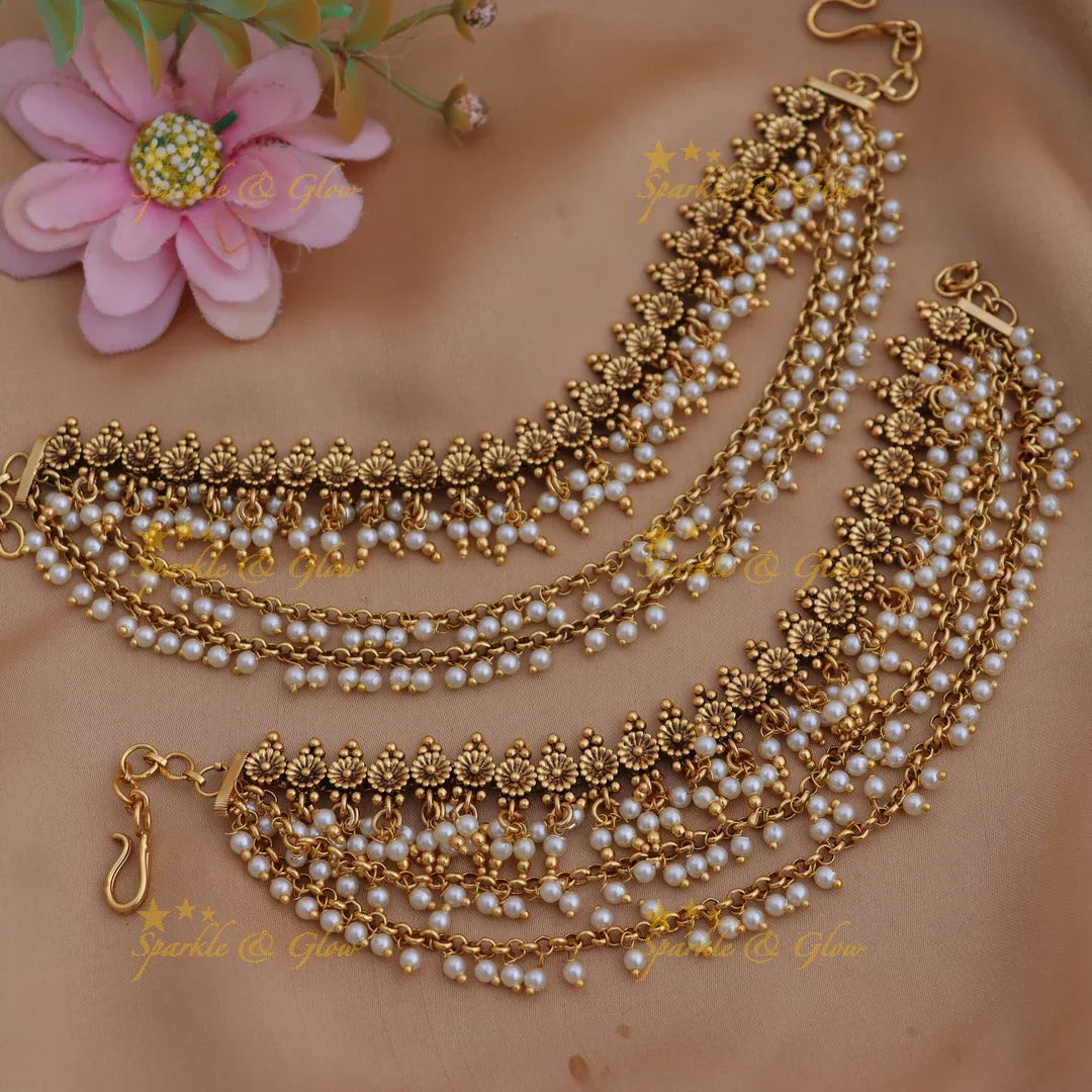 Temple Ear Chains in Antique Gold with Beads & Pearls