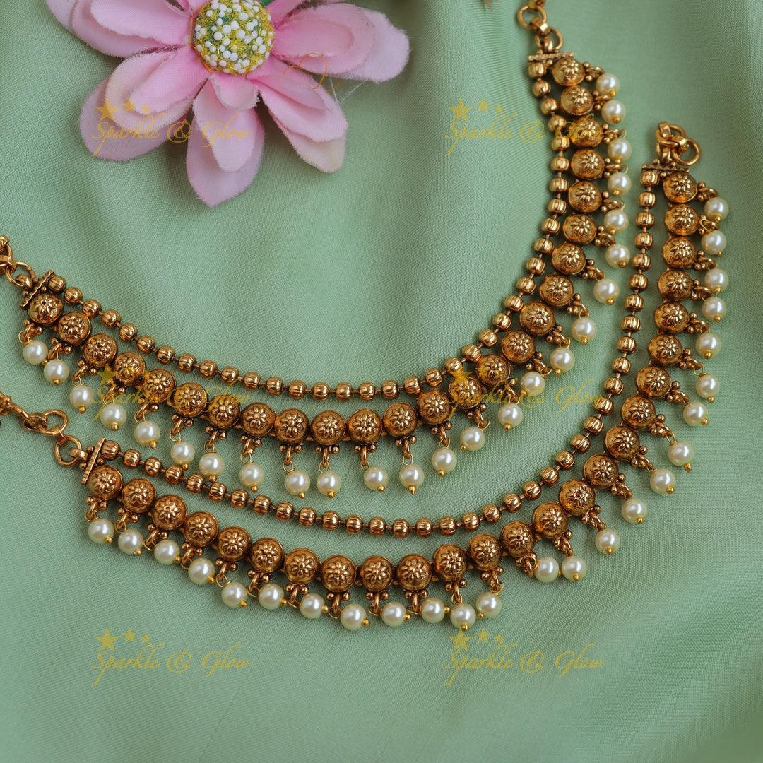 Floral Coin & Pearl Drop Gold Ear Chains - Luxe Accessory